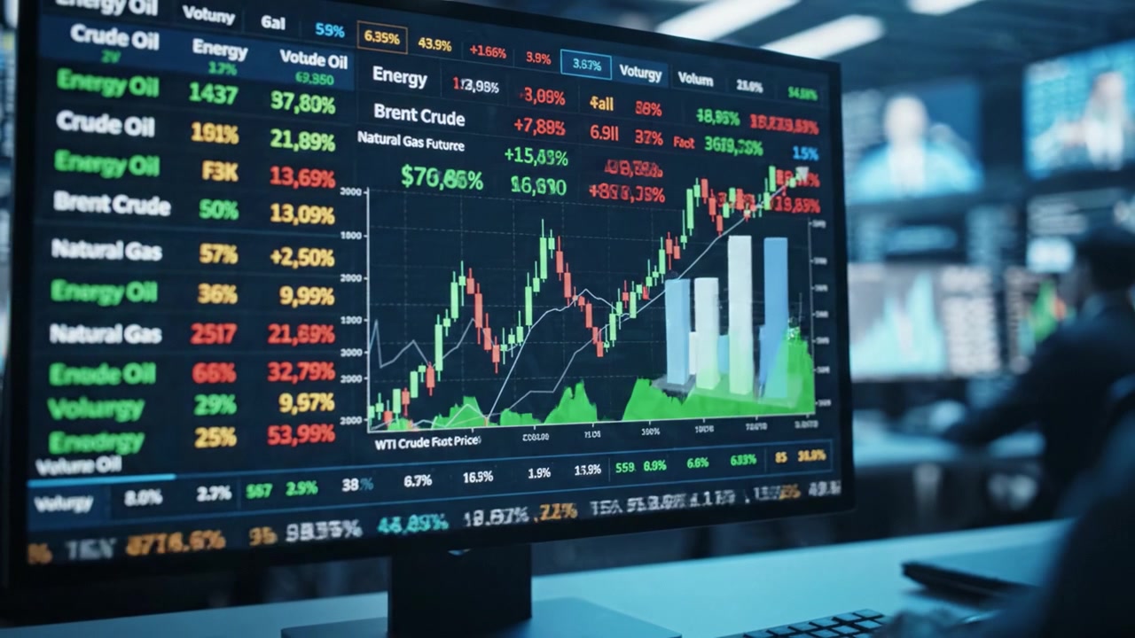 Analisi delle tendenze del mercato del petrolio greggio e del gas naturale tramite visualizzazione dati su schermo di trading con aggiornamenti in tempo reale e fluttuazioni di prezzo