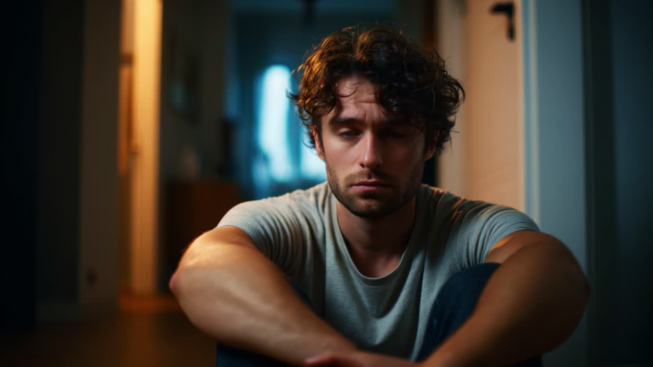 Un giovane uomo pensieroso siede in una stanza scarsamente illuminata, esprimendo emozioni profonde mentre guarda pensieroso in lontananza, rivelando una storia di introspezione e solitudine