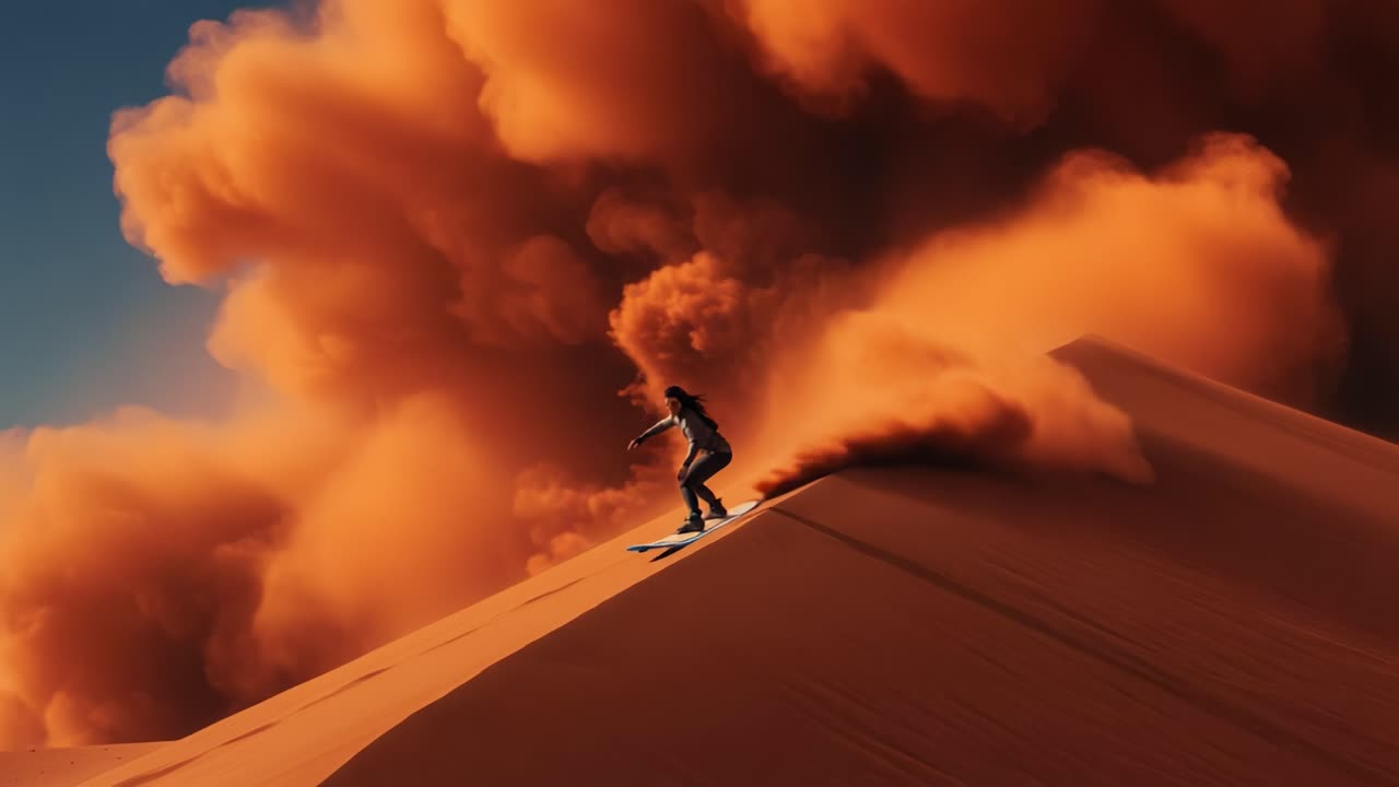 A thrilling sandboarding adventure against a backdrop of dramatic orange clouds showcases the exhilaration of riding down glowing desert dunes under a vibrant sky