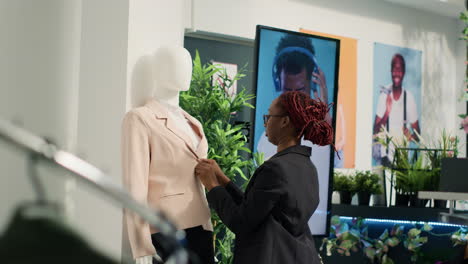 worker tidying up mannequin blazer