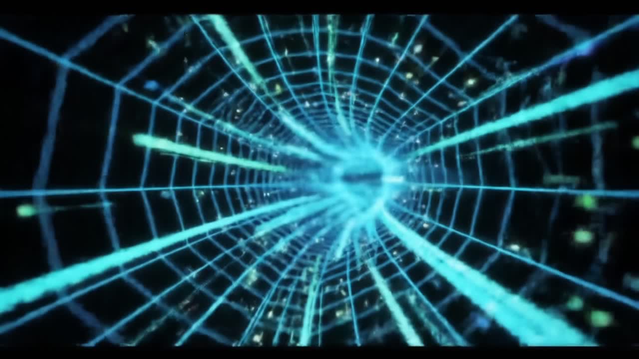 A mesmerizing journey through a digital tunnel, showcasing vibrant blue and green streams of light intertwined in a futuristic grid pattern, evoking a sense of infinite depth and movement