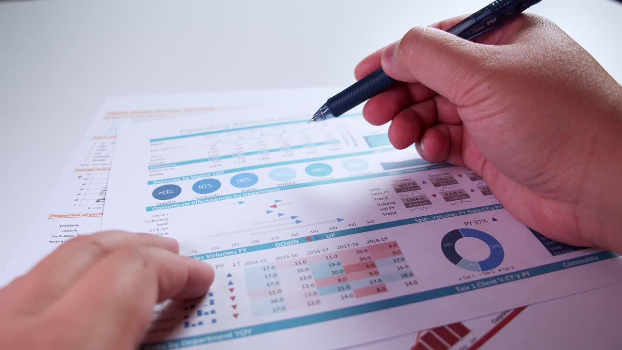 Close-up of businessman's hands with pen working at office desk and analyzing dashboard graphs and charts, profit report checking