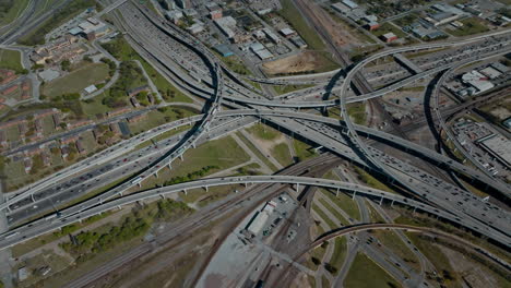 drone flying over highway intersection, dallas, texas, us