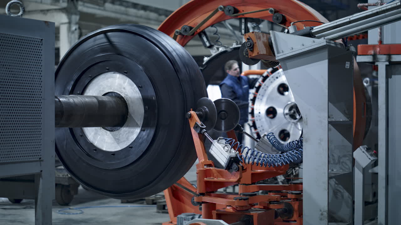 trabajador de fabricación de neumáticos que controla el proceso de producción en la fábrica