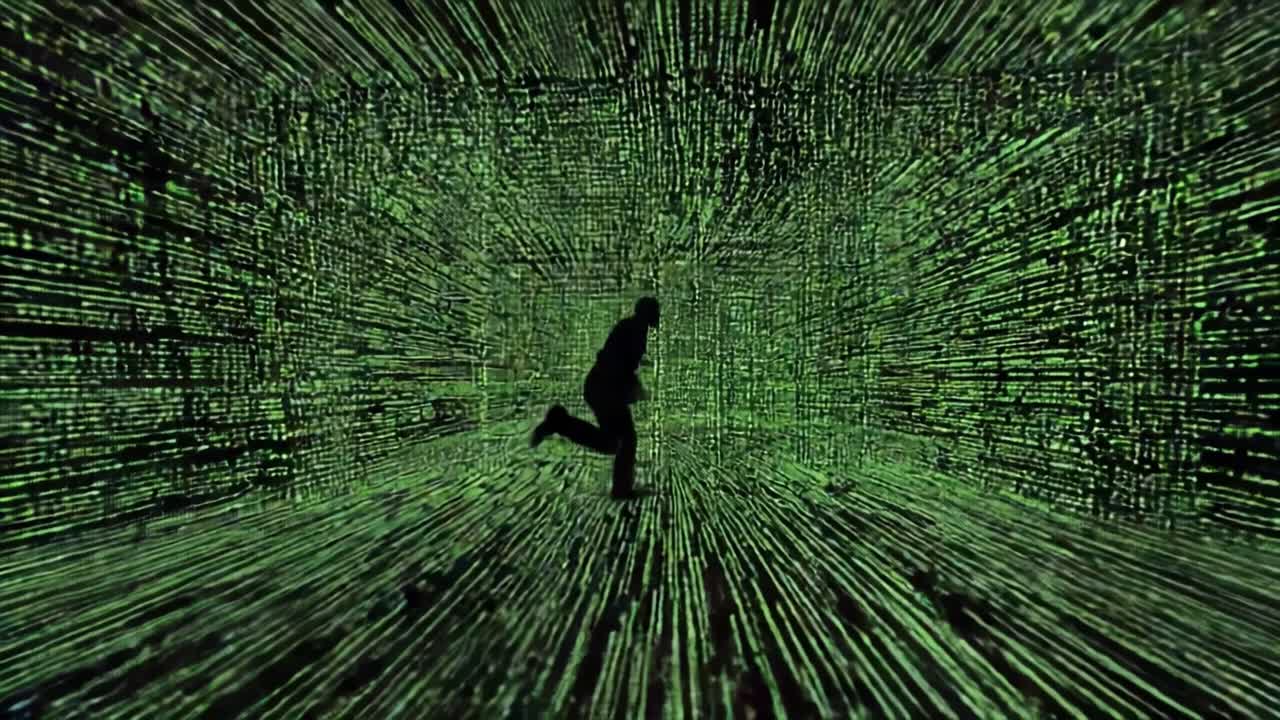 A figure depicted running through an expansive digital landscape filled with flowing green code, illustrating the concept of escaping or navigating through a virtual reality maze filled with binary data