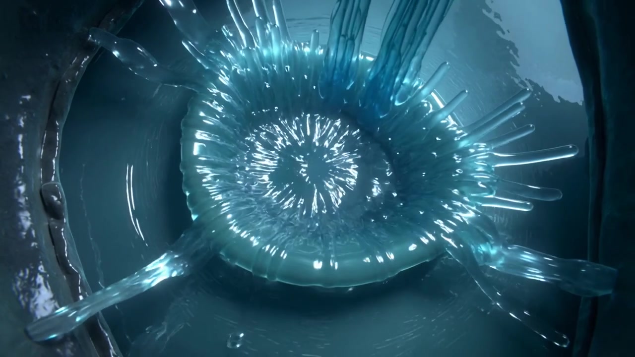 Pouring jet forming cyan disk fragmenting and feeding central pool in shallow basin left rivet-rim