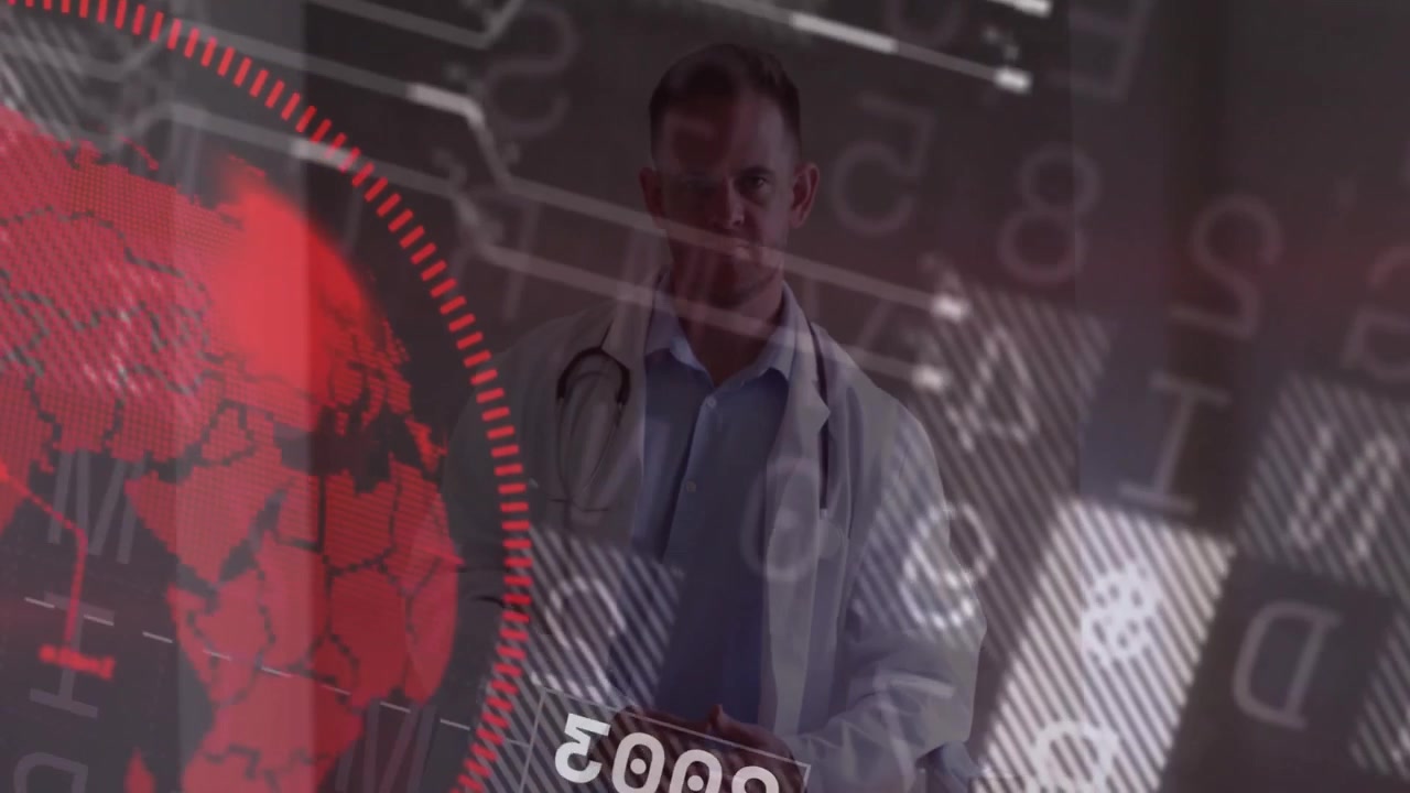 Clip starting doctor in office while health data graphics rotating around him for analysis