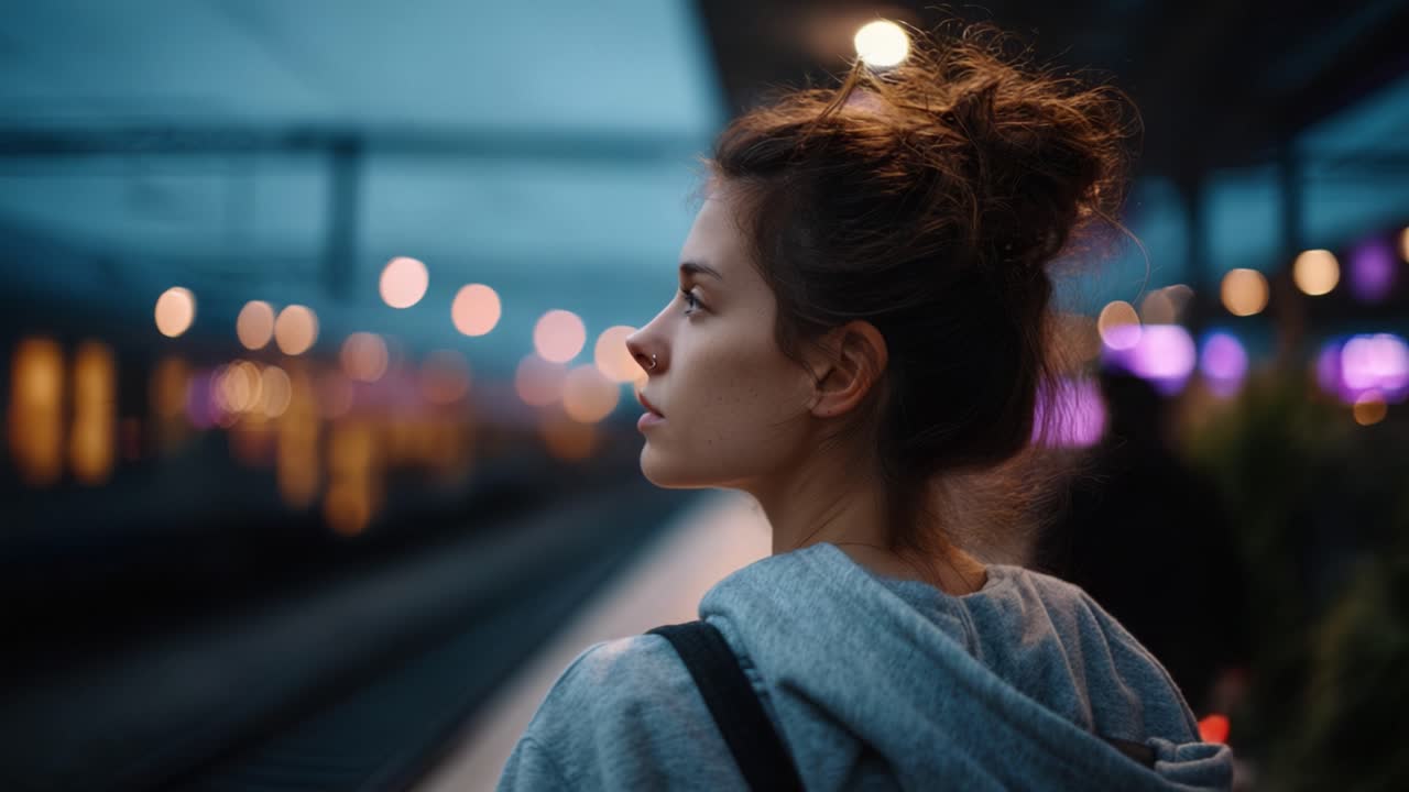 Un momento contemplativo in una tranquilla stazione ferroviaria mentre una giovane donna guarda in lontananza, illuminata da luci soffuse e da un'incantevole atmosfera serale.