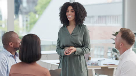 business, woman or speaker with team
