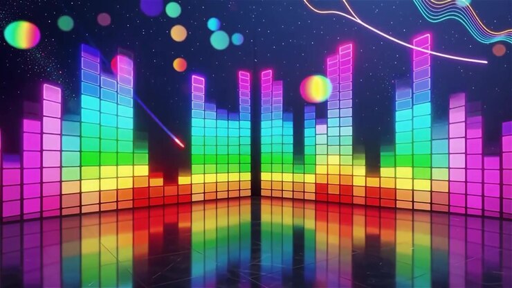 Sfondo visualizzatore equalizzatore musicale neon arcobaleno futuristico.