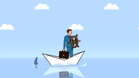 flat cartoon businessman character with helm wheel floating on paper boat with shark businesss control concept animation