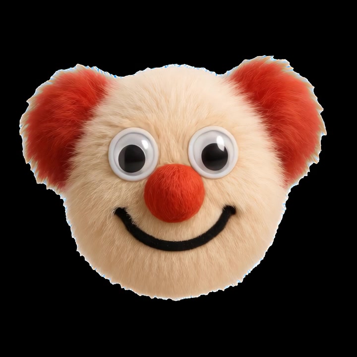 Volto di un clown peloso animato che batte le palpebre e si guarda intorno