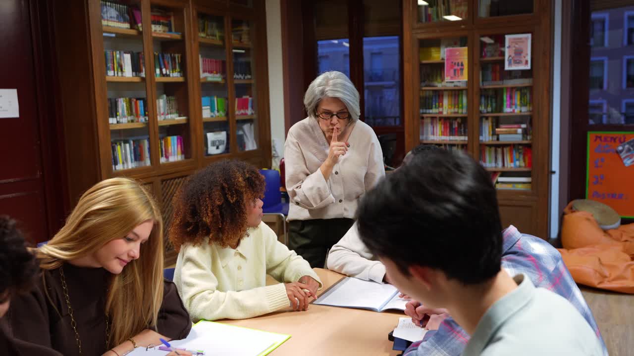 Lærer hysser på mangfoldige elever, der studerer på et bibliotek