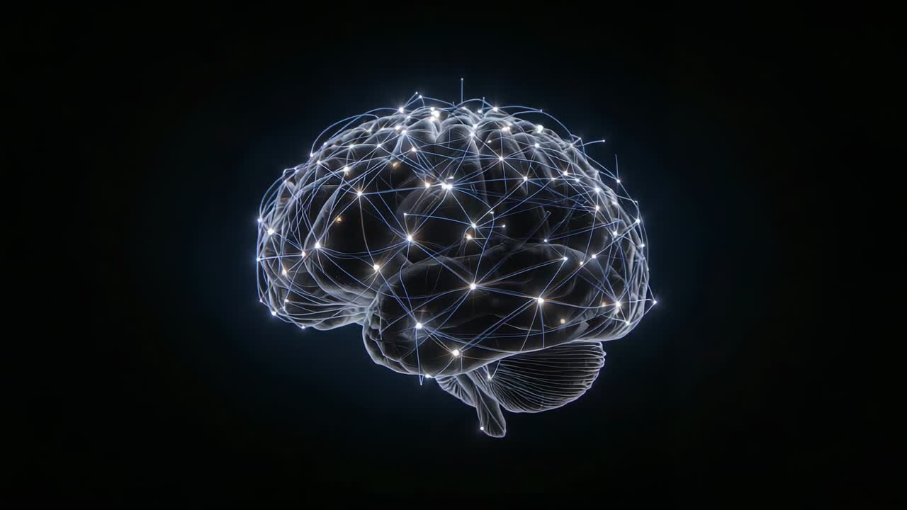 Pulsing stylized 3D brain model sending light pulses, rotating in dark void, showing cerebellum