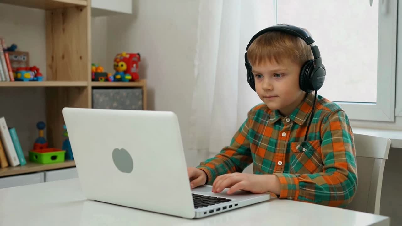 Focused Young Boy with Headphones Learning on Laptop at Home