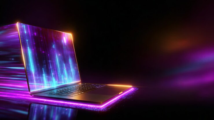 Una rappresentazione visivamente accattivante di un portatile che irradia luci vivaci e colorate, mostrando una fusione di tecnologia e creatività attraverso effetti visivi dinamici e un'atmosfera digitale moderna