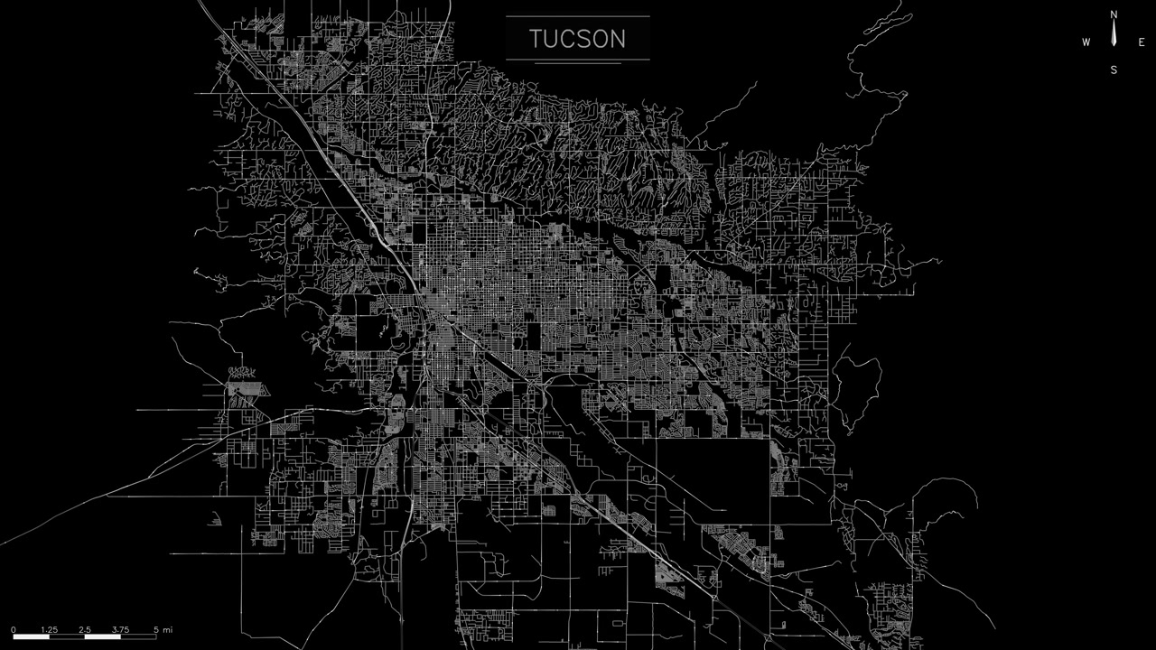 animated map of Tucson displays glowing pulsating white transit routes traveling across the city