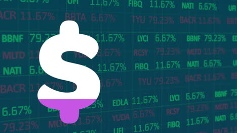 animación del signo del dólar que se llena de púrpura sobre el procesamiento de datos financieros