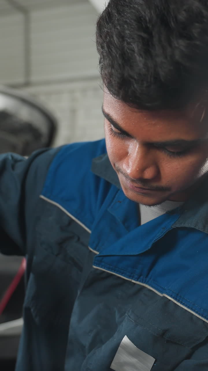 ingeniero centrado en trabajar con el motor del automóvil mientras la maquinaria es visible en el fondo, vista parcial de otra persona en la escena, taller automotriz con herramientas y equipos en uso