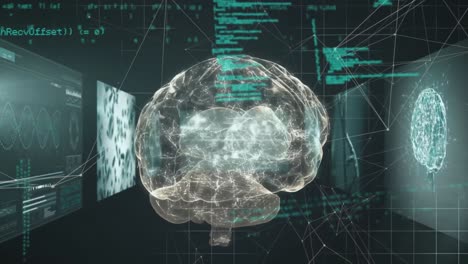 animación del cerebro humano y procesamiento de datos sobre un fondo oscuro