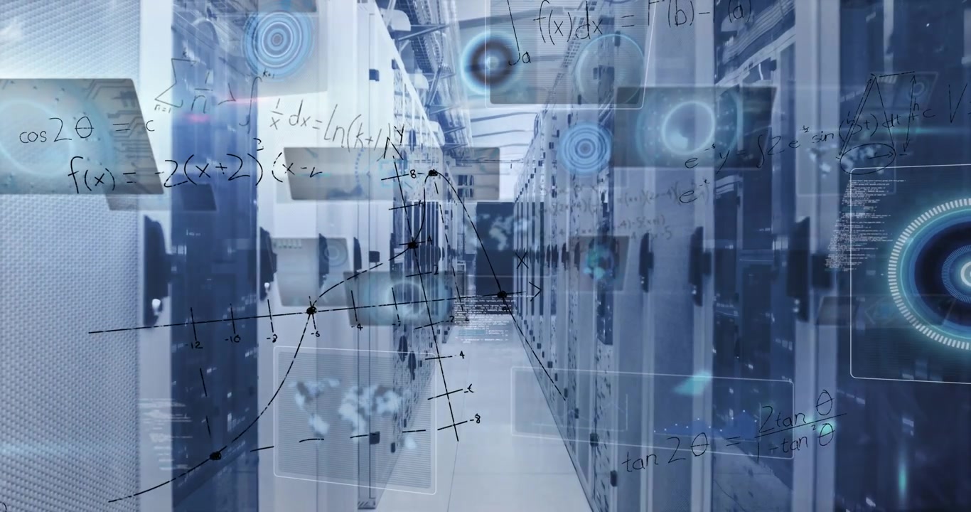 Animation of mathematical equations and data processing over server room