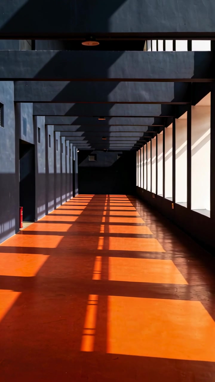 Video verticale: Telecamera in movimento che mostra un corridoio finestrato, luce che si muove su un pavimento arancione mostrando profondità.