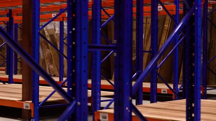 Inquadratura ampia Nuovo magazzino in acciaio Centro di distribuzione Scaffalature Inventario prodotti Interno Deposito mobili Metallo Blu Arancione Attrezzature industriali Logistica aziendale Trasporto vuoto Vendite
