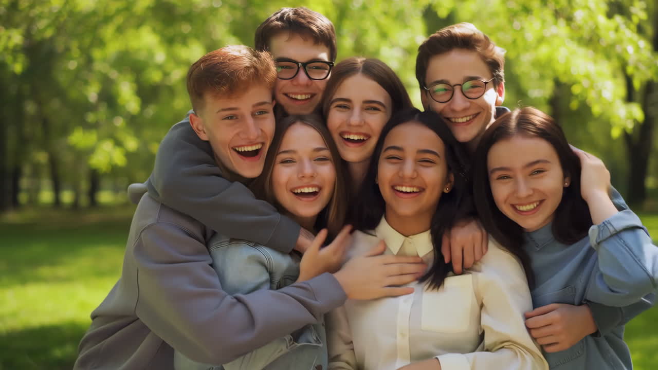 Group of Happy Young Friends Hugging in a Park