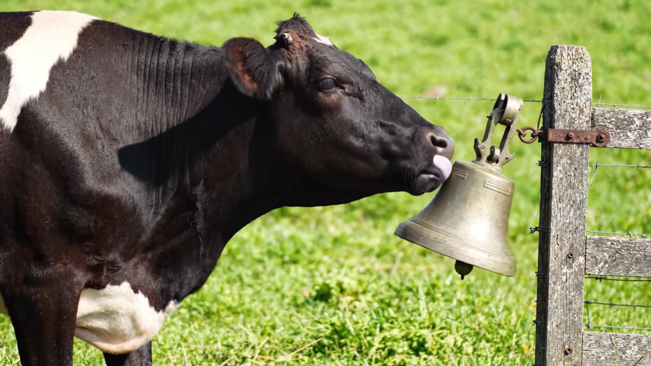 A Curious Cow Approaches a Bell on a Sunny Day in the Pasture, Highlighting the Connection Between Farm Animals and Their Surroundings