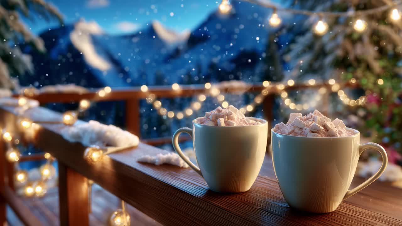 A Cozy Winter Evening: Two Steaming Cups of Hot Chocolate with Marshmallows Sit Warmly on a Beautiful Wooden Deck Surrounded by Twinkling Lights and Scenic Snowy Mountains in the Background