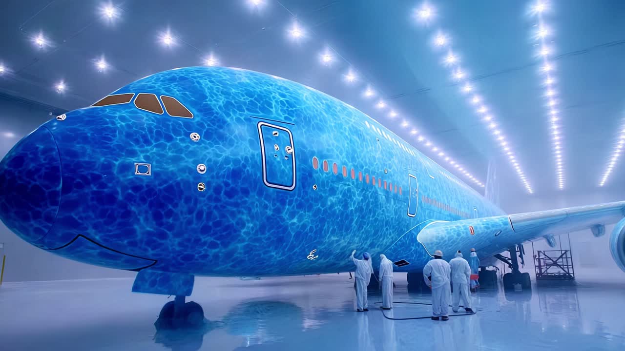 A Stunning Artistic Aircraft: The Transformation of a Jet with a Mesmerizing Blue Water Design in a Modern Hangar, Showcasing the Beauty of Aviation and Artistry Combined