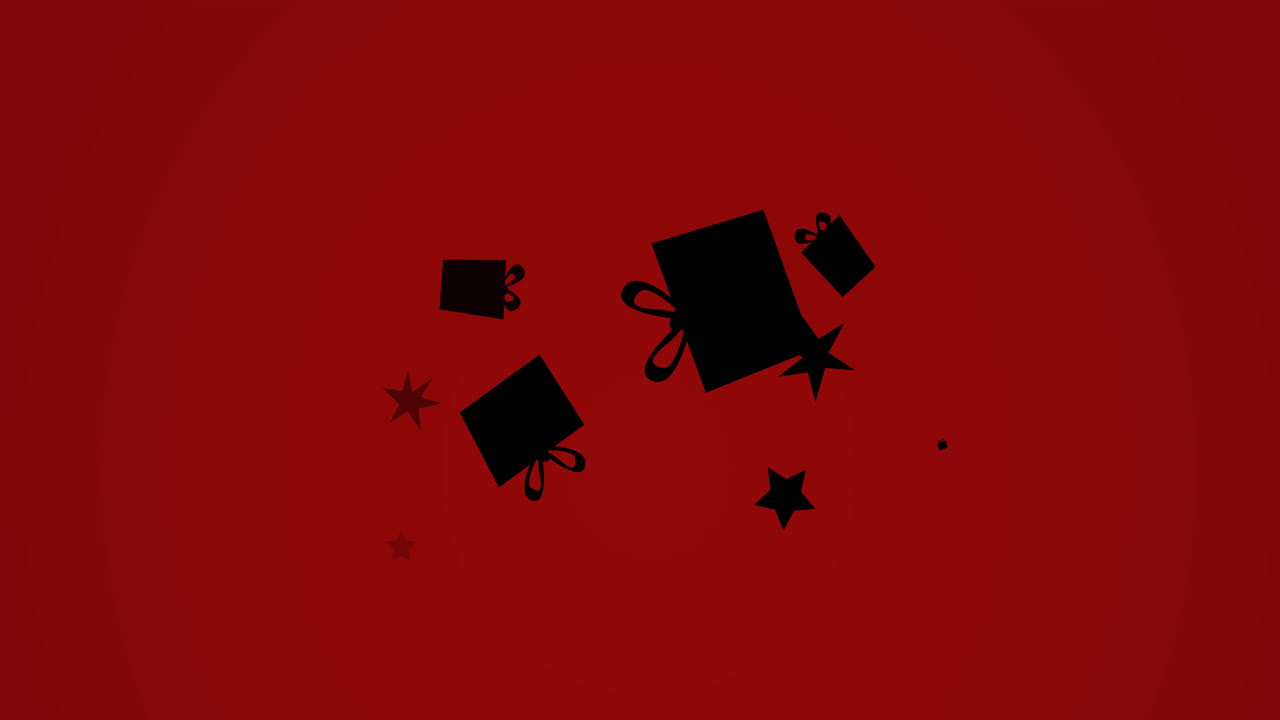 Animation of black stars and gifts icons on red background