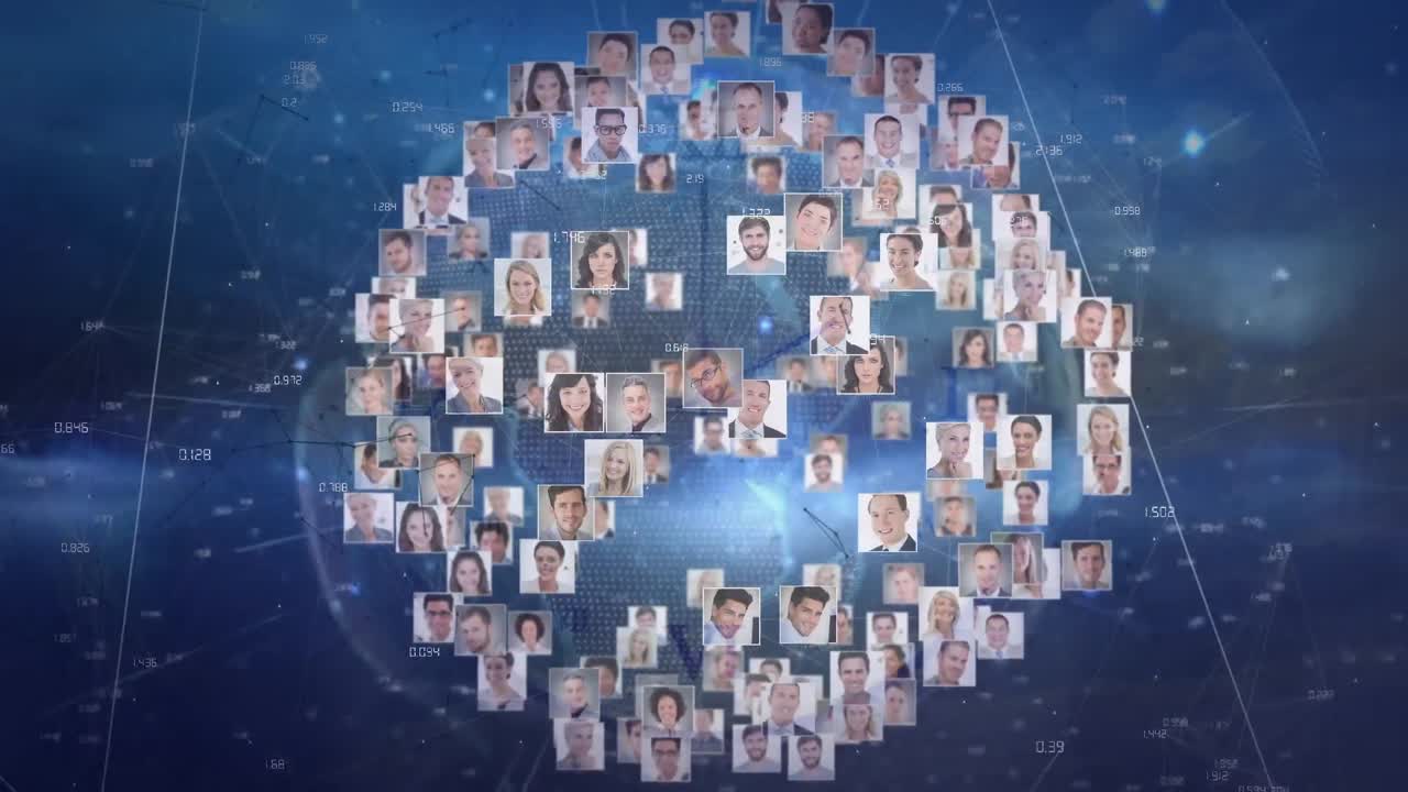 animación del globo de la red de iconos de perfil de negocios contra un fondo azul