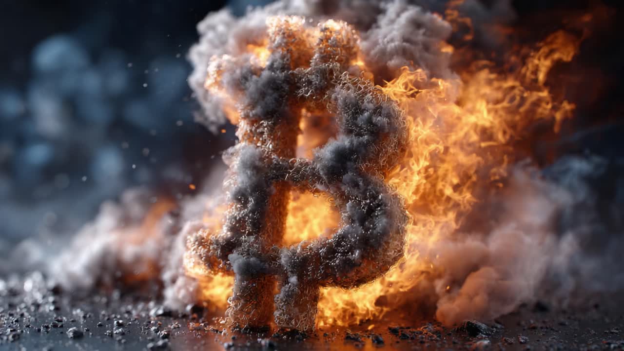 A Fiery Transformation: The Evolution of Cryptocurrency Symbol Representing Bitcoin Amidst Flames and Smoke