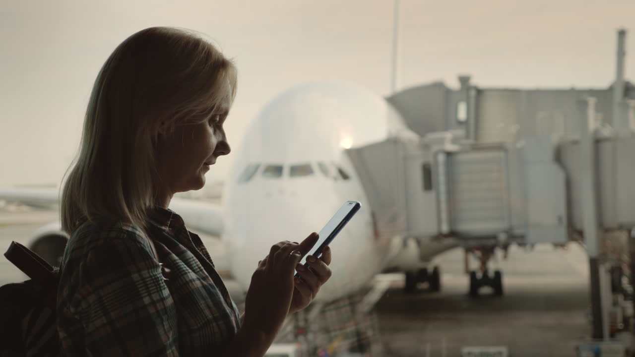 mujer viajera usa un teléfono inteligente en la terminal del aeropuerto en el fondo de un gran avión fuera