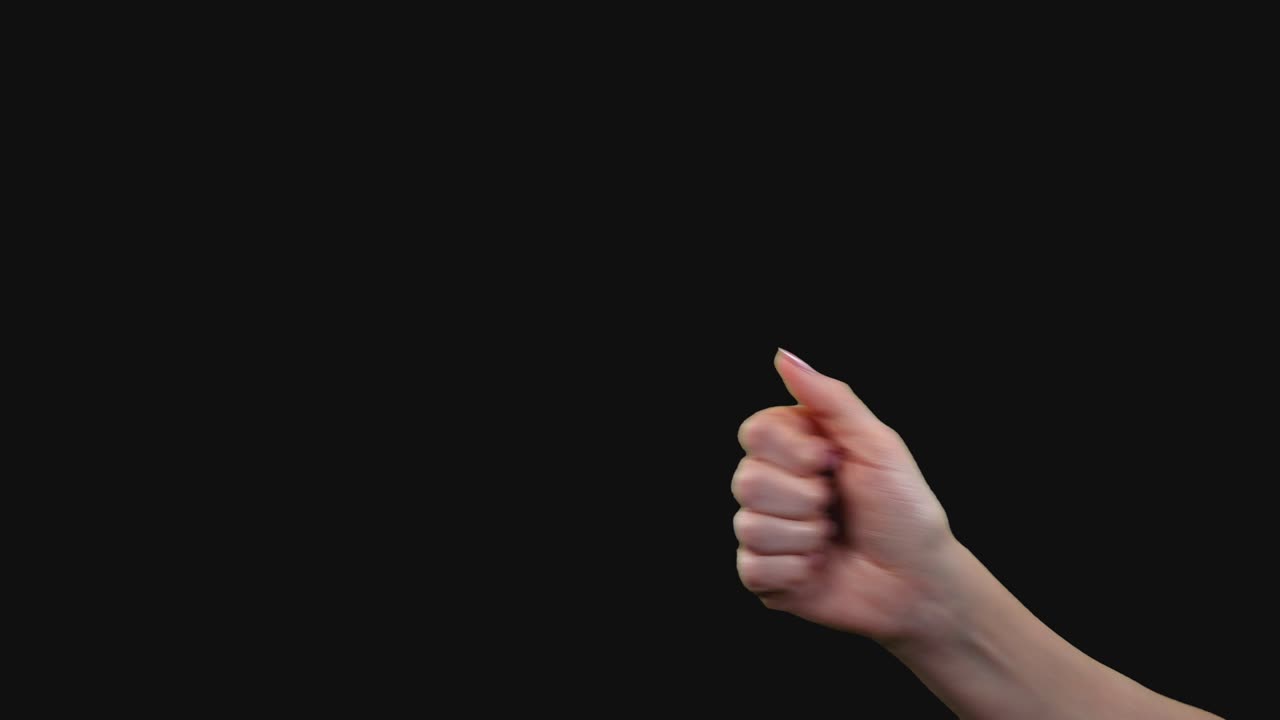 Set of 6 different pre keyed chroma key transparent thumbs up and down gestures on greenscreen womans hand
