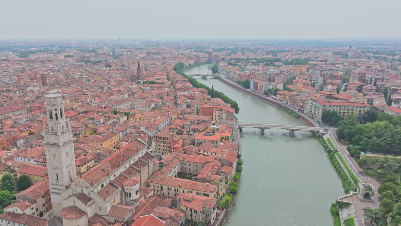 Adige river Verona city Italy aerial drone ascending