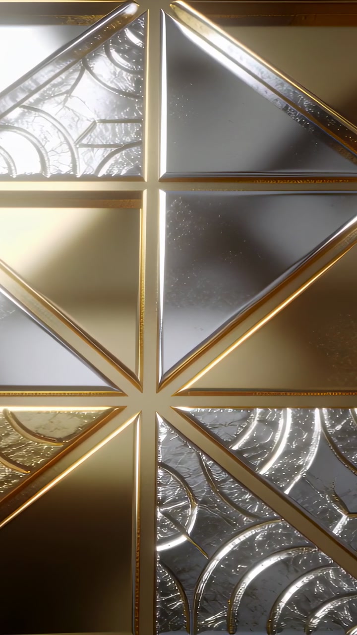 Vertical video: Shifting camera revealing arc patterns on glazed panel in entry, with gold frame