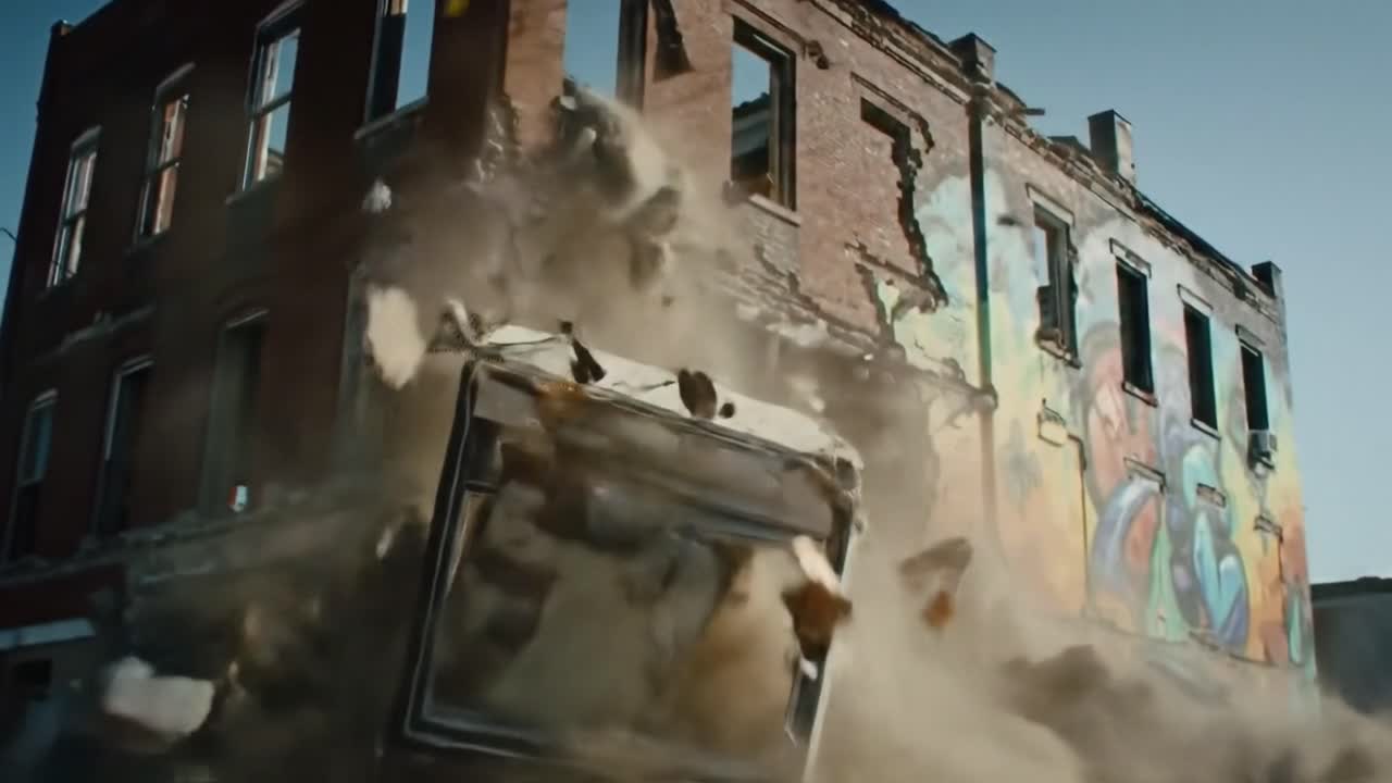 A dramatic building demolition unfolds in an urban area as bricks and debris explode outward, creating a cloud of dust against a clear sky. The graphic display emphasizes the power of demolition.