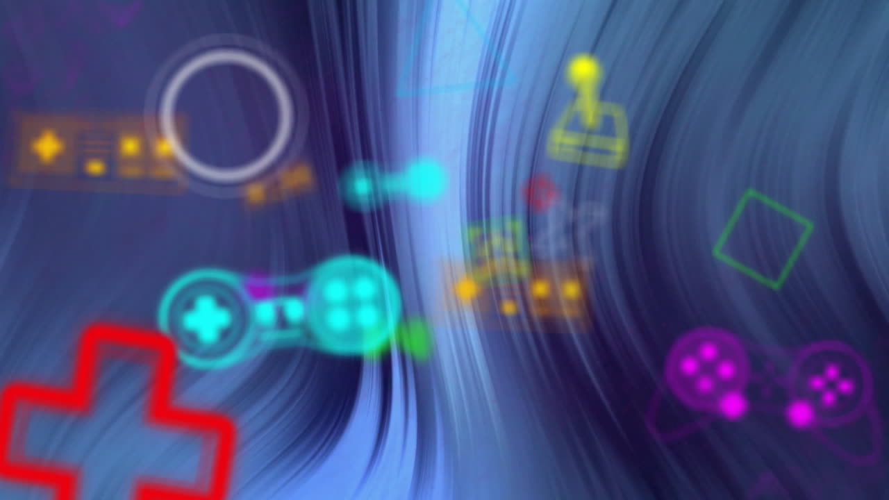 Animation of neon gaming icons over blue lines