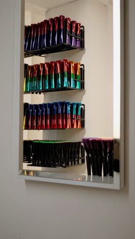 hair salon display with colorful products