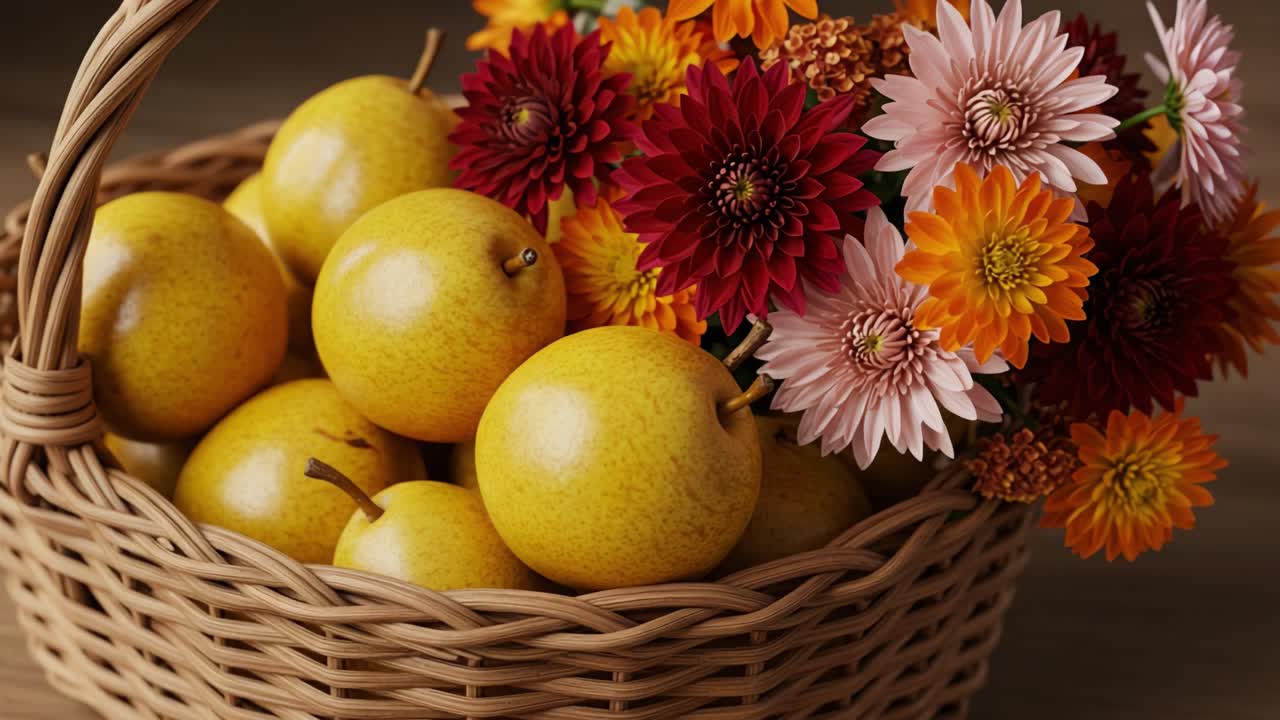 A Charming Display of Fresh Yellow Pears and Vibrant Flowers in a Woven Basket, Perfect for a Decorative Touch or a Lively Farmhouse Aesthetic