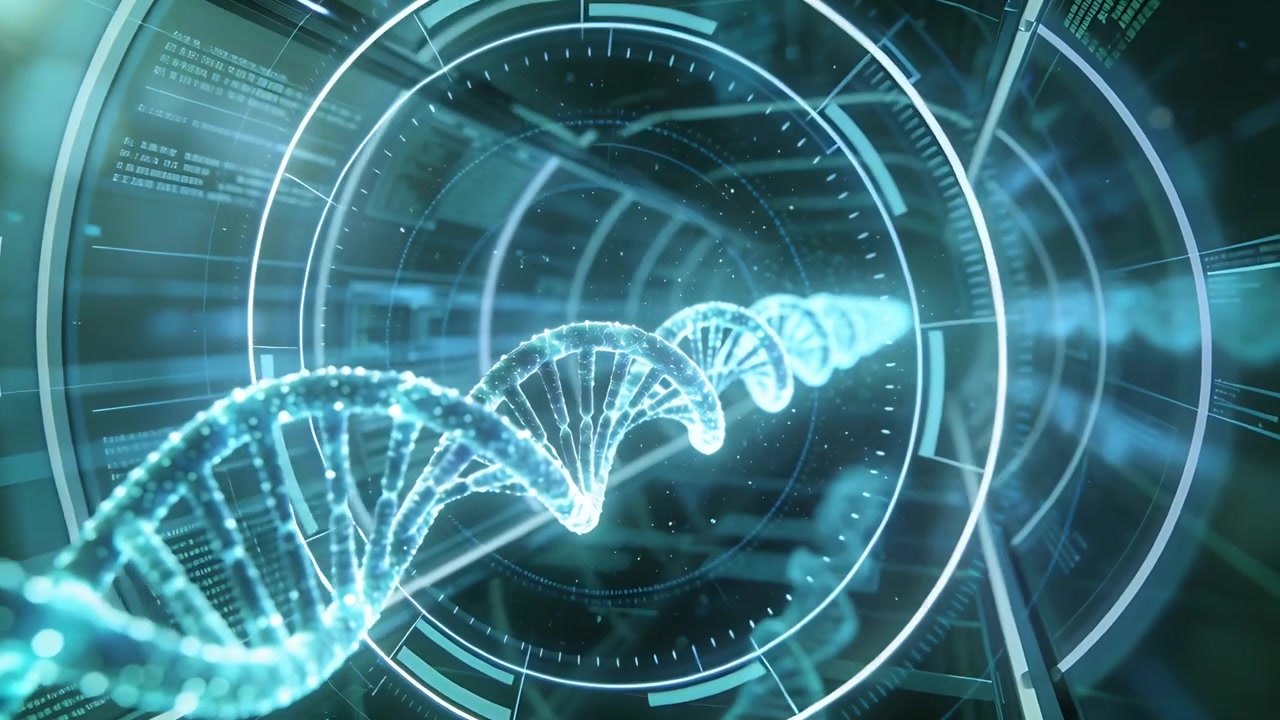 Telecamera che avanza, elica di DNA verde acqua luminosa che ruota in un tunnel di dati con anelli HUD per la scansione.