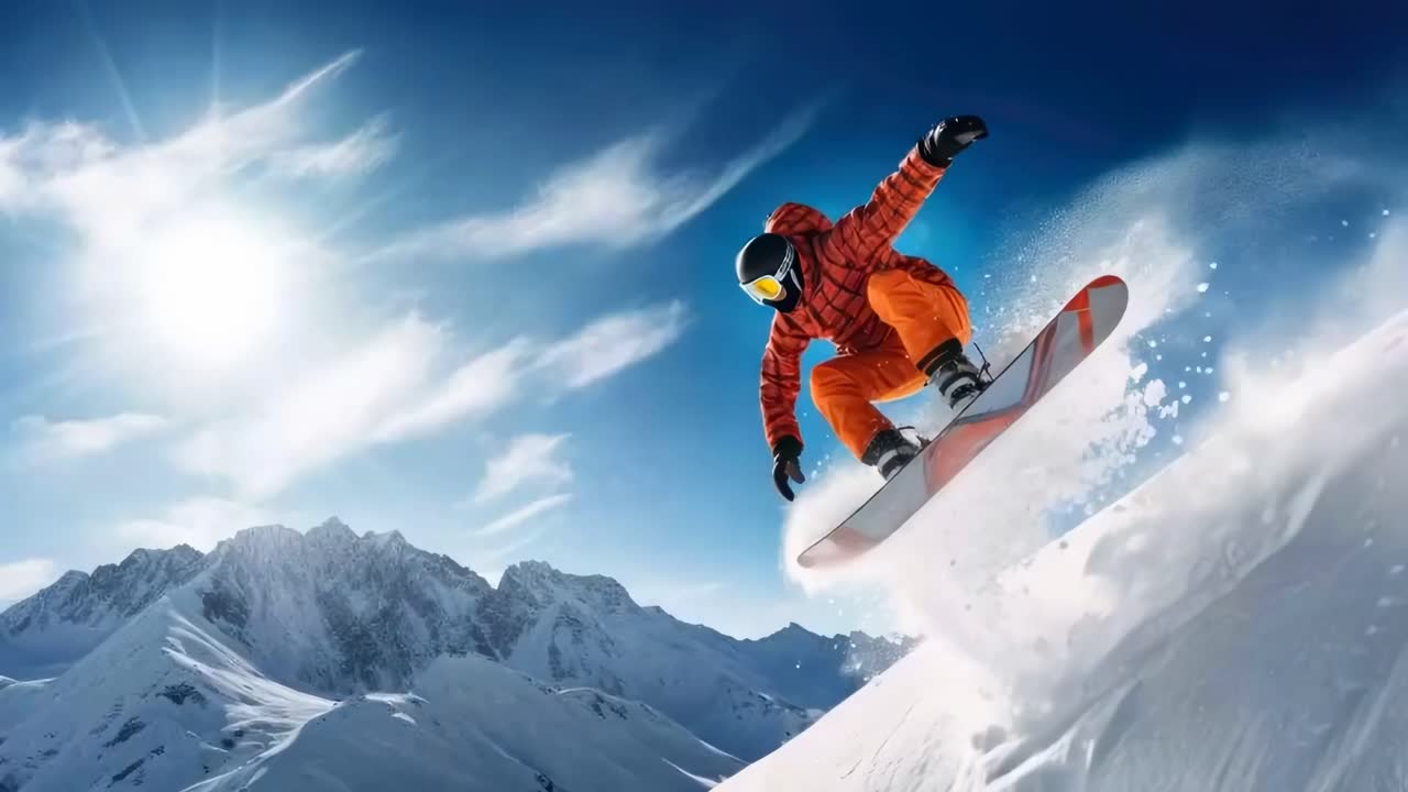 Video dinamico di uno snowboarder a mezz'aria durante un salto, ripreso da un angolo dal basso