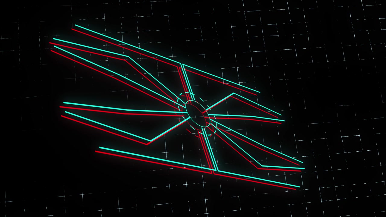Zooming glowing neon digital lines and circles 3D animation with a cyber technological futuristic electric feel on dark grid gradient background motion graphics and visual effects in red teal aqua