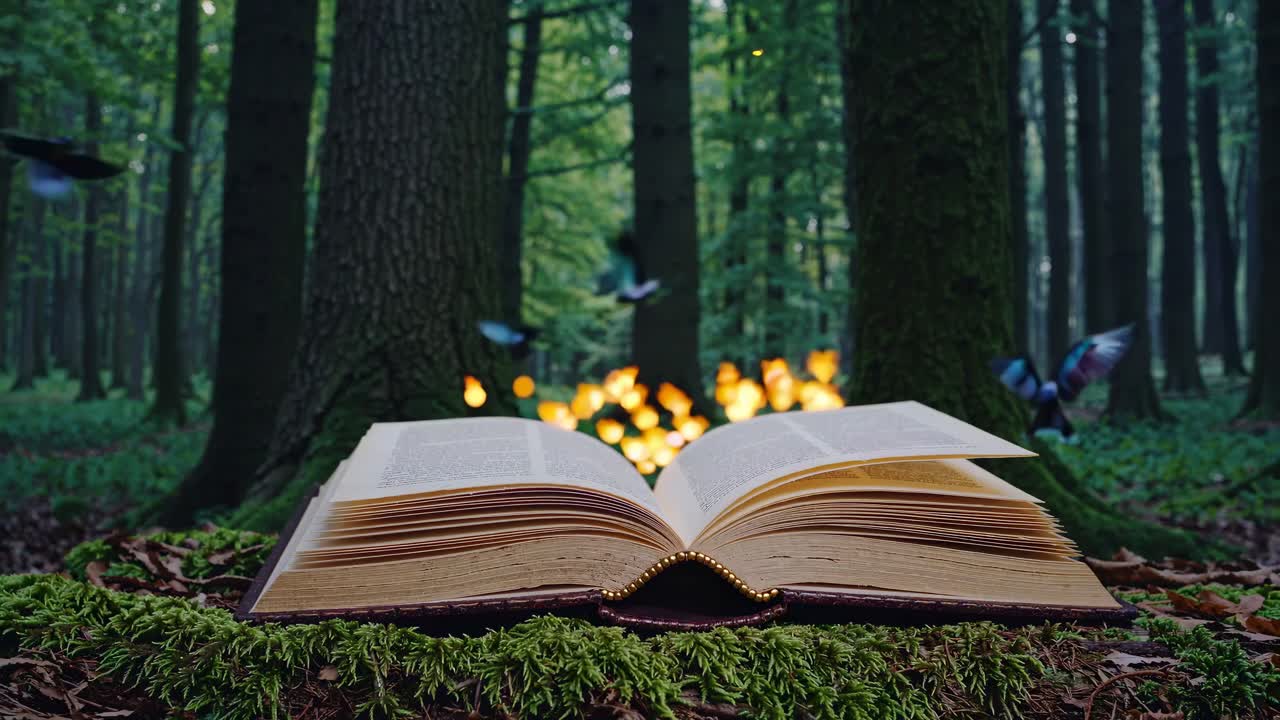 Magical open book in a forest with glowing butterflies
