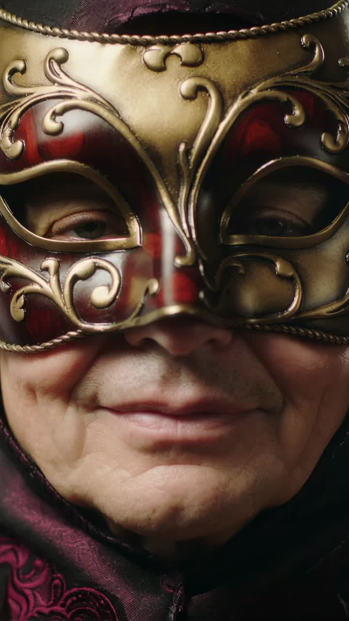 Vertical video: Camera zooming in on man wearing gold mask and hood in studio, showing detail