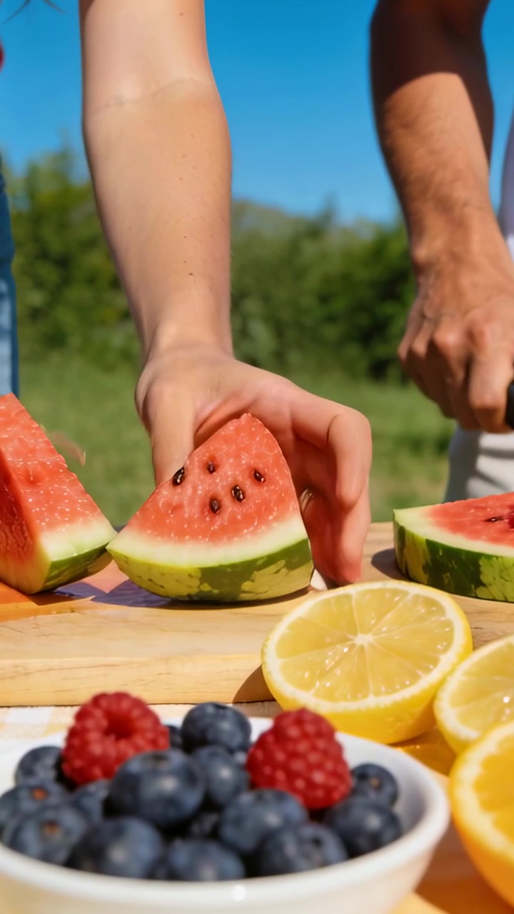Video vertical: Recogiendo un cuchillo, mano izquierda a rayas y mano derecha blanca cortando melón en una mesa de picnic