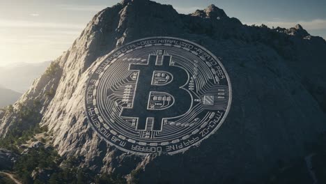 a stunning presentation of cryptocurrency philosophy: bitcoin etched into a majestic mountain side, symbolizing the integration of technology and nature in modern finance