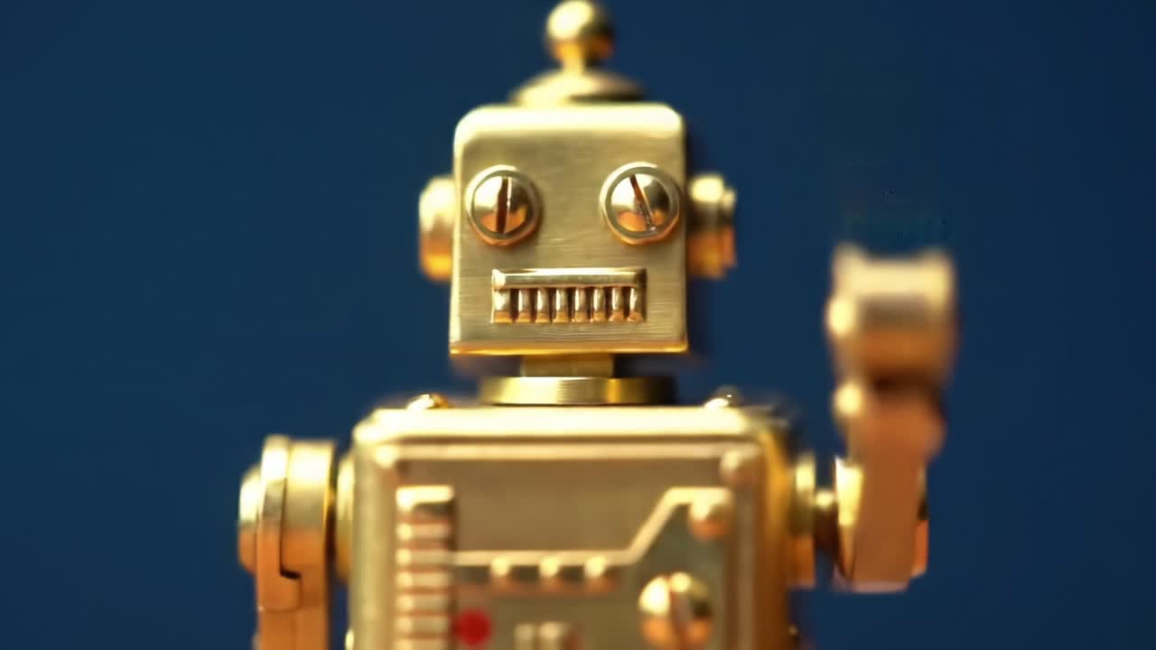 A Captivating Retro Robot Character with a Friendly Wave, Showcasing Delightful Design Features and Intricate Details, Perfect for Technology Enthusiasts and Collectors Alike